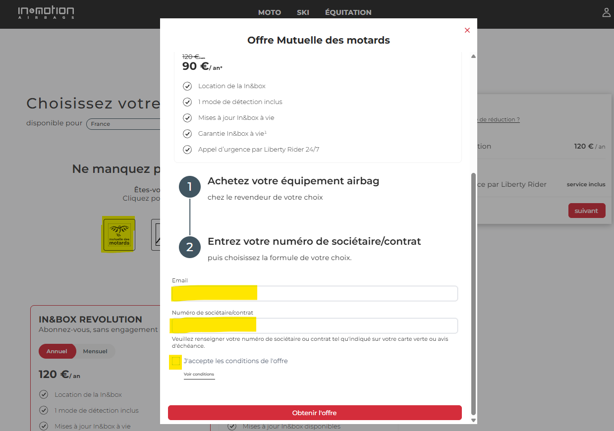 Exemple de page de souscription à l'offre Mutuelle des Motards sur le site InMotion Airbags. L'offre est proposée à 90 €/an, contre 120 € en tarif standard. Elle inclut la location de la In&box, un mode de détection, des mises à jour à vie, une garantie In&box à vie, et un appel d'urgence par Liberty Rider 24/7. L'utilisateur est invité à acheter l'équipement airbag chez un revendeur, puis à entrer son numéro de sociétaire/contrat et son email. Un bouton rouge "Obtenir l'offre" est disponible après avoir accepté les conditions de l'offre. 