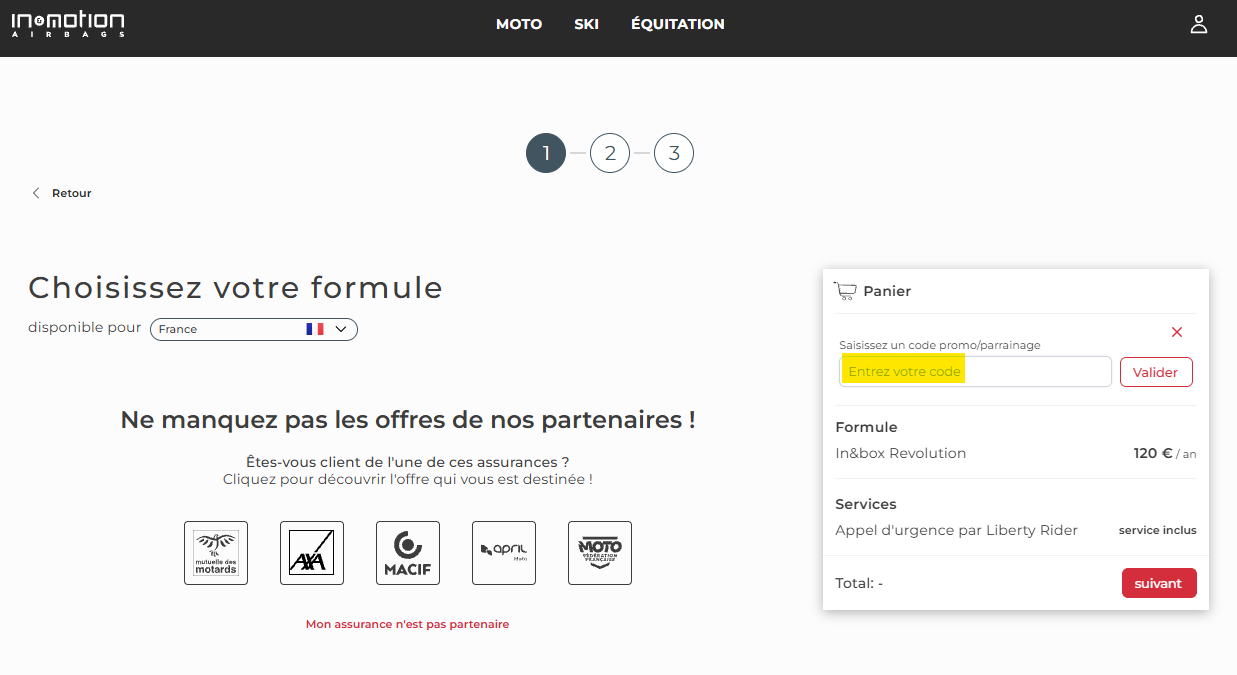 Page de souscription à une adhésion In&motion. Un champ est visible pour entrer un code de parrainage sur la gauche de la page. 